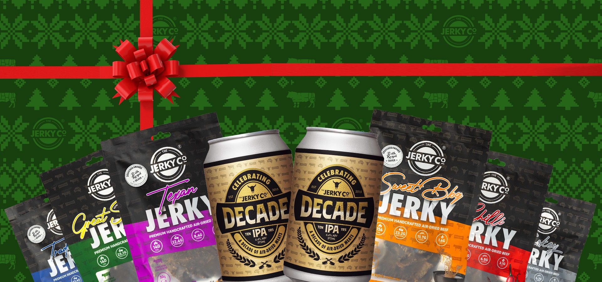 The Jerky Co beef jerky packs and Decade IPA cans