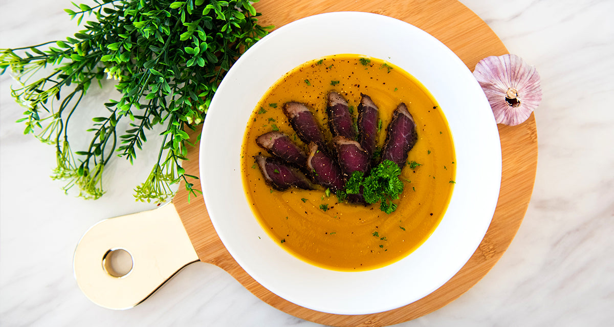 BUTTERNUT SQUASH SOUP WITH FATTY BILTONG